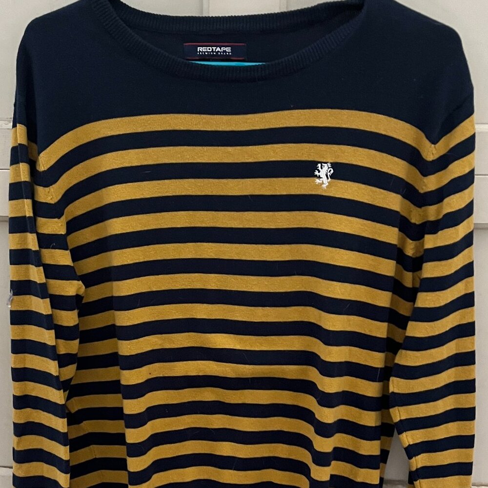 navy and yellow striped sweater